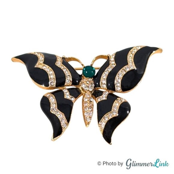 Vintage Black Enamel Butterfly Brooch with Green Cabochon & Clear Rhinestones - Picture 1 of 6